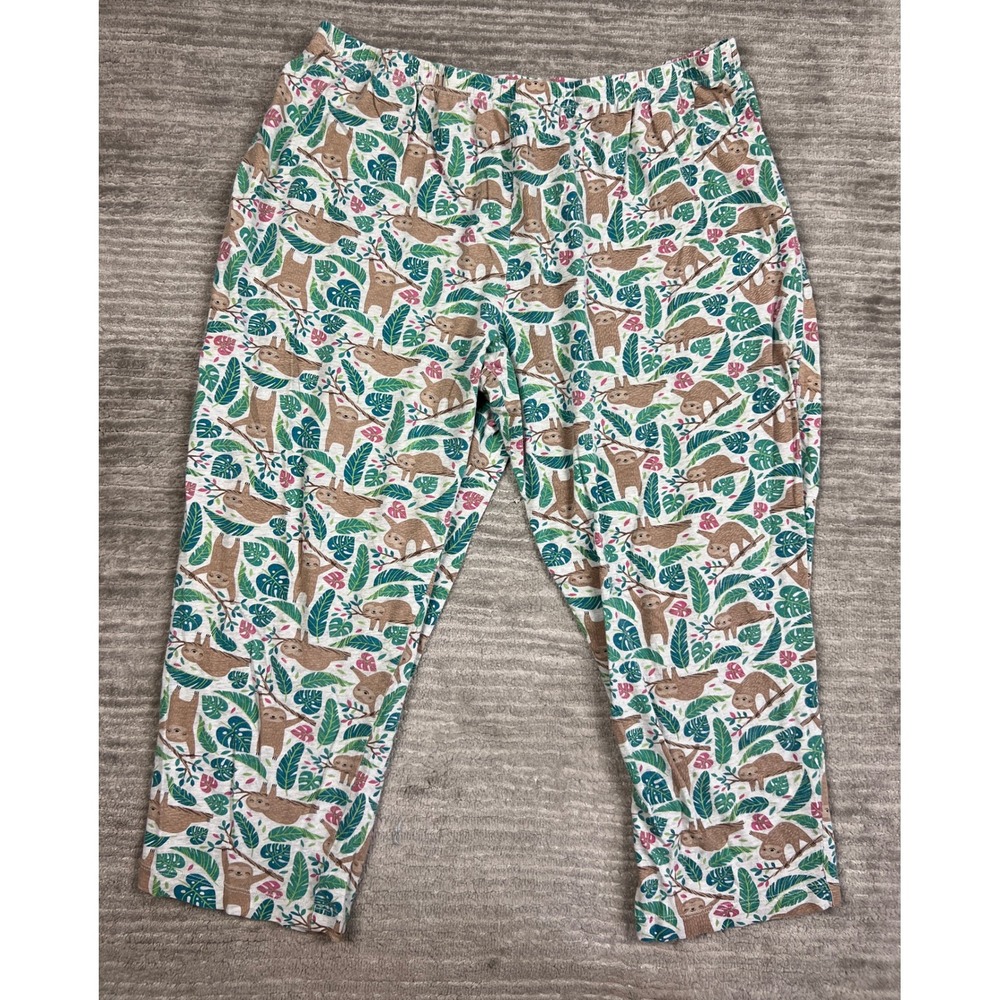 Secret Treasures Pajama Pants Womens 2X Green Sloth Tropical Leaf Print Cropped